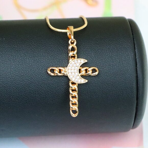 "Rose Gold Chain Cross Pendant with CZ Crescent Accent, XPPT1263 - Picture 2 of 13